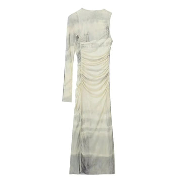 Aura | Vestido Midi Asimétrico de Tul Estampado con Manga Única