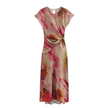 Amaya | Vestido Midi Estampado con Cintura Ajustada y Nudo Decorativo