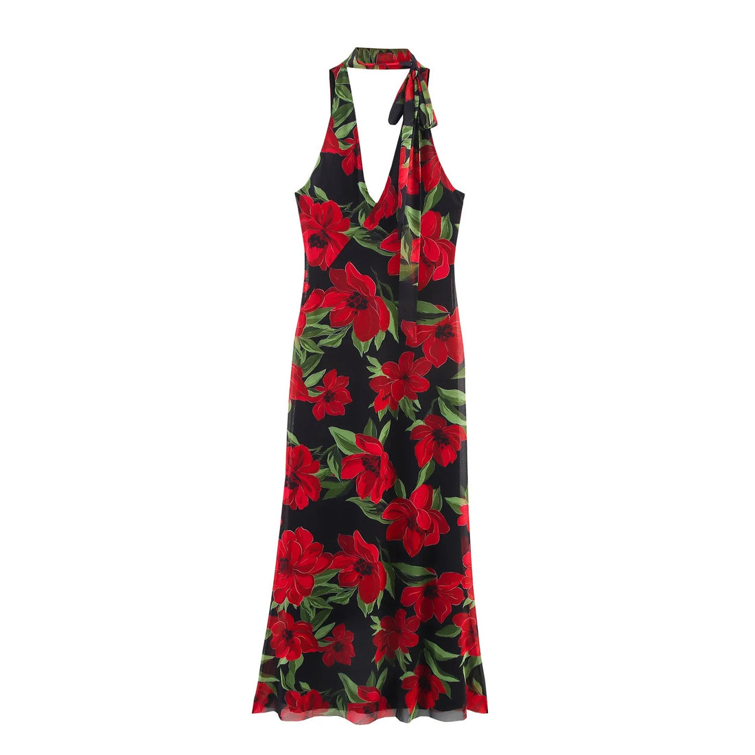 Violeta | Vestido Largo de Tul Estampado con Escote en V y Tirantes