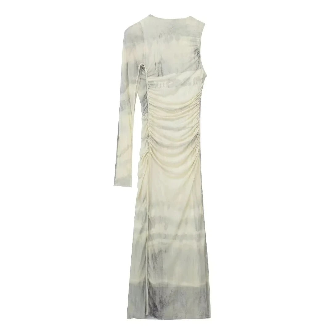 Aura | Vestido Midi Asimétrico de Tul Estampado con Manga Única