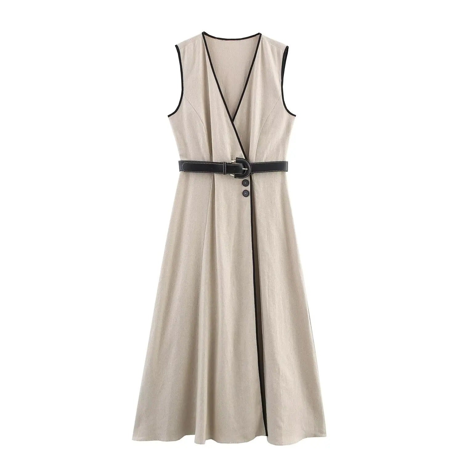 Vera | Vestido Midi Sin Mangas con Escote en V y Cinturón Decorativo