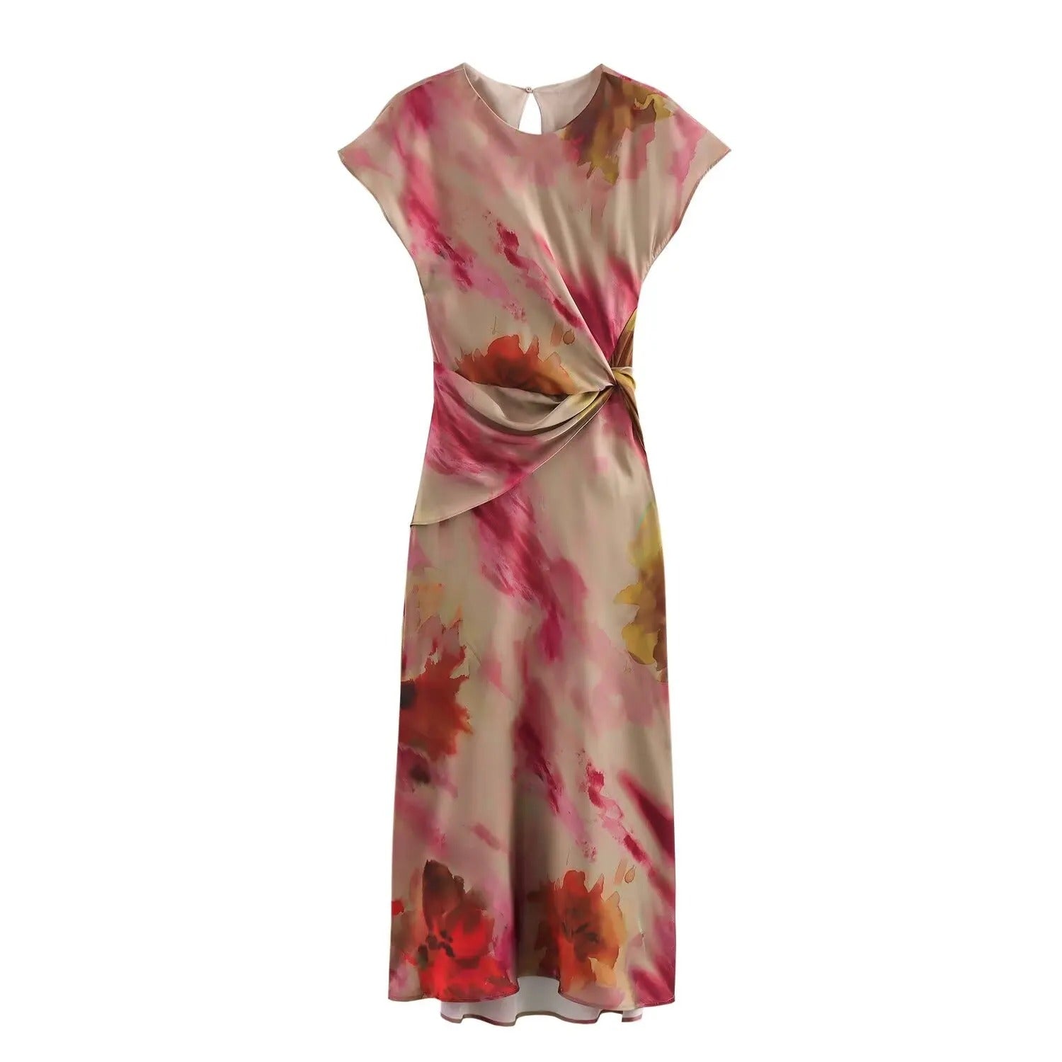 Amaya | Vestido Midi Estampado con Cintura Ajustada y Nudo Decorativo