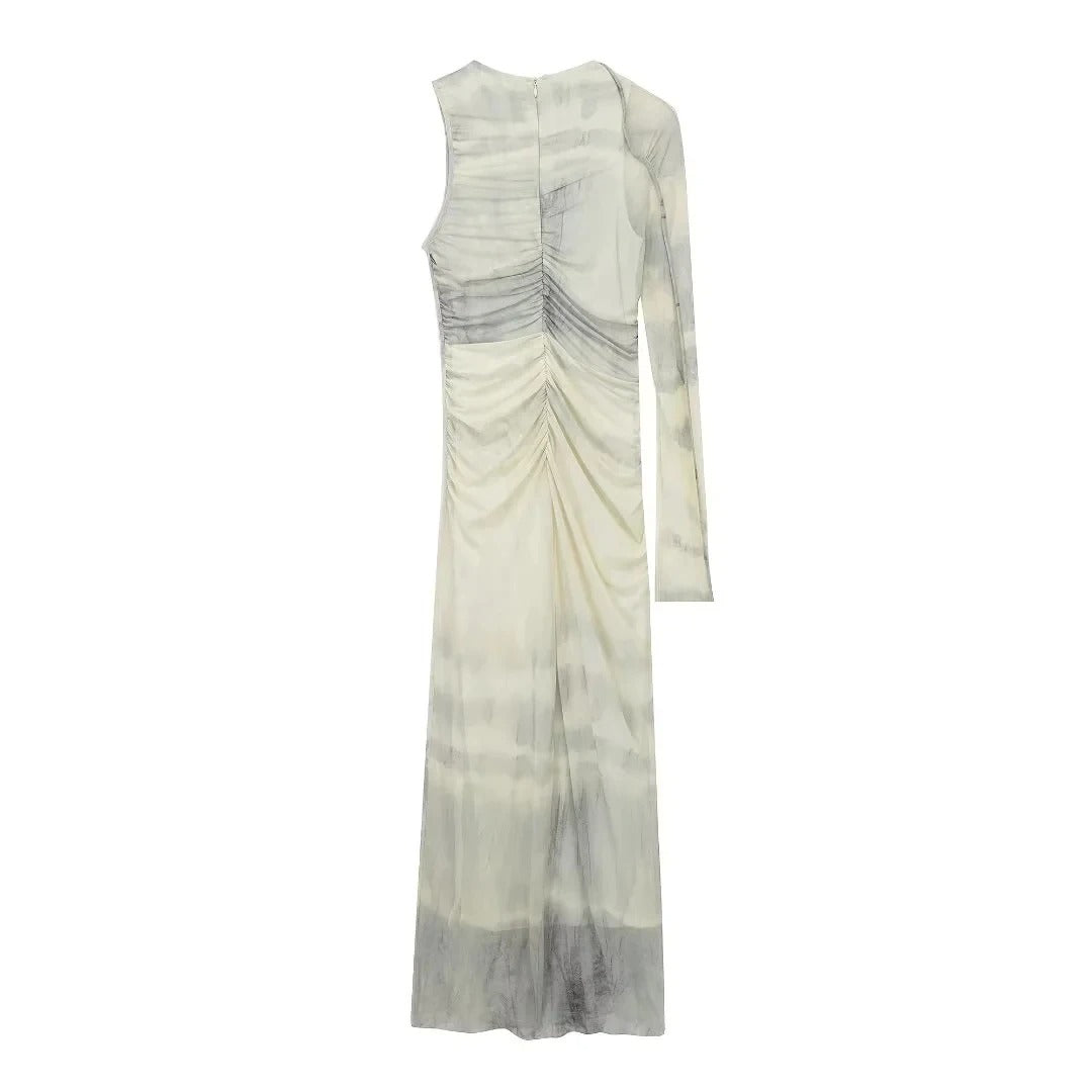 Aura | Vestido Midi Asimétrico de Tul Estampado con Manga Única