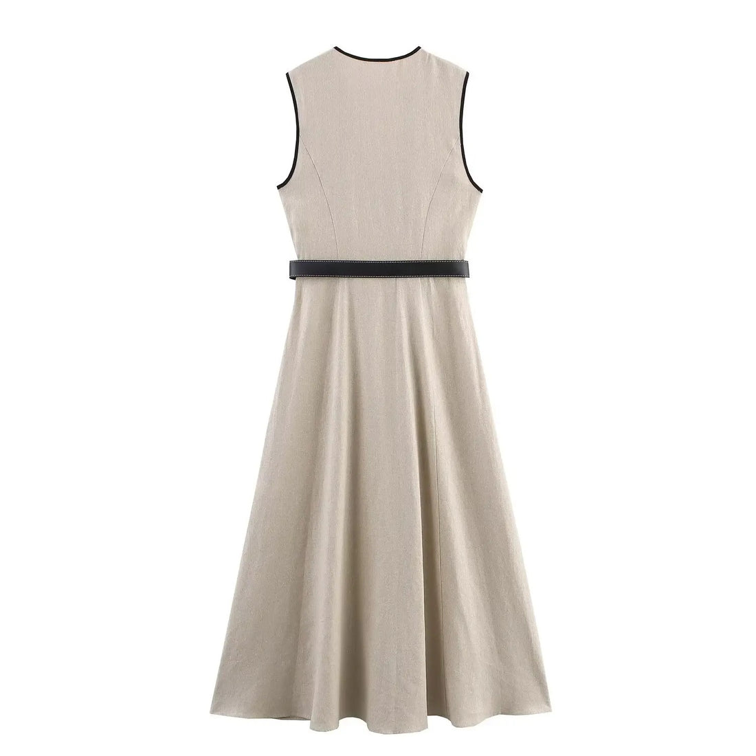 Vera | Vestido Midi Sin Mangas con Escote en V y Cinturón Decorativo