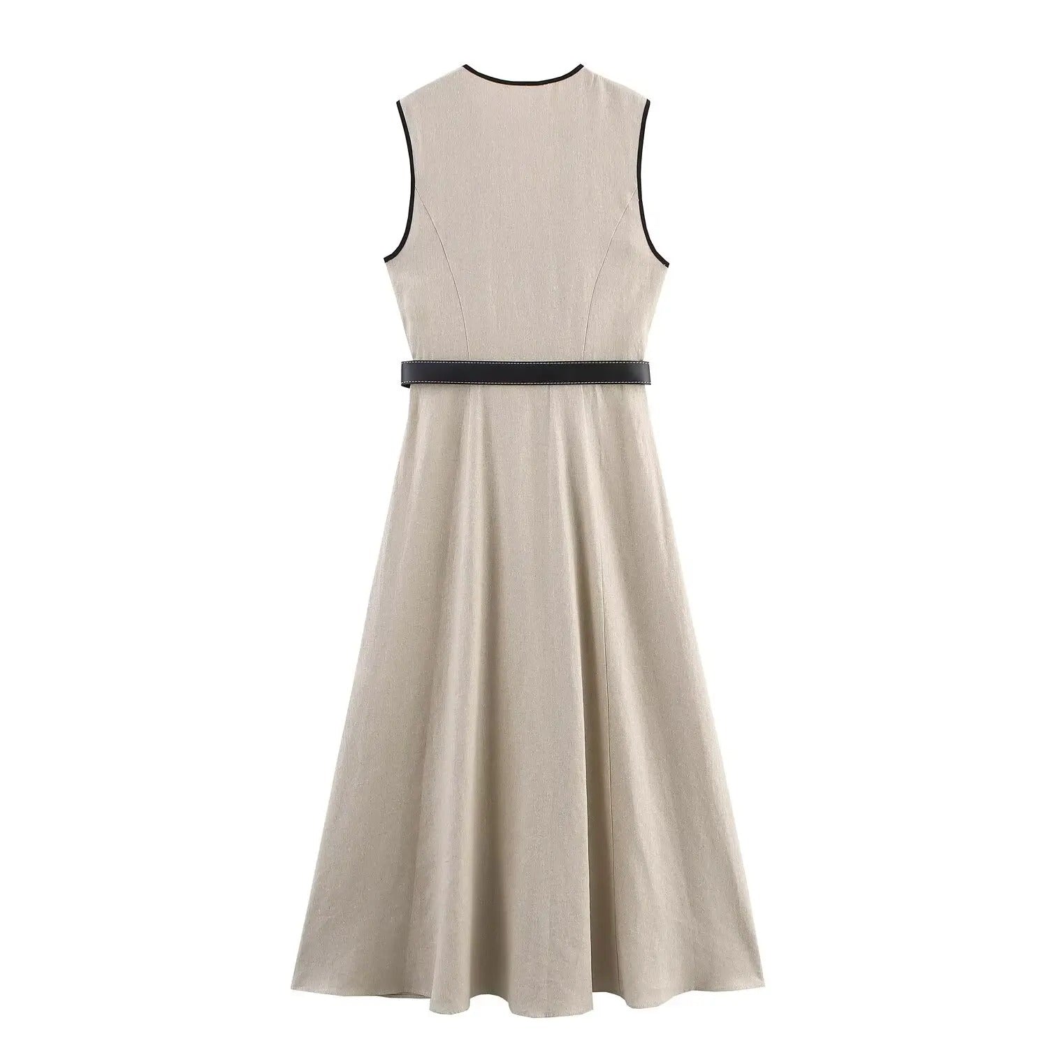 Vera | Vestido Midi Sin Mangas con Escote en V y Cinturón Decorativo